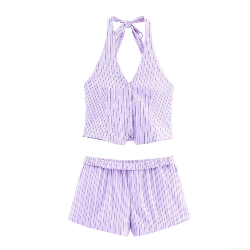 Summer Women Purple White Vertical Striped Halter Neck Sleeveless Top Or Elastic Waist Shorts Polyester Spandex Two Piece Outfit For Vacation Beach Sweet Casual Set