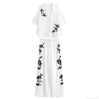 Women's Casual Two Piece Set Floral Embroidered Short Sleeve V Neck Shirt And High Waist Drawstring Wide Leg Pants 100% Polyester Summer Breathable Leisure Outfits For Women