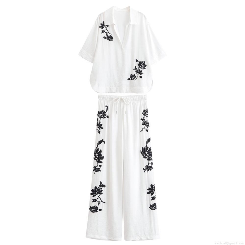 Women's Casual Two Piece Set Floral Embroidered Short Sleeve V Neck Shirt And High Waist Drawstring Wide Leg Pants 100% Polyester Summer Breathable Leisure Outfits For Women