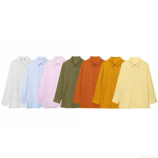 Women's Casual Loose Solid Color Polyester Blend Shirt And Wide Leg Pants Set Button Down Long Sleeve Blouse And High Waist Trousers Two Piece Outfits