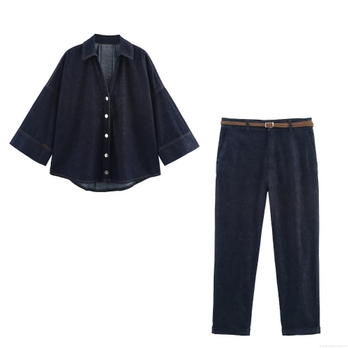 Women's Fashion Denim 2-Piece Set Wide Sleeve Button Down Shirt And High Waist Jeans With Woven Belt Dark Blue Casual Outfit For Women Daily Wear