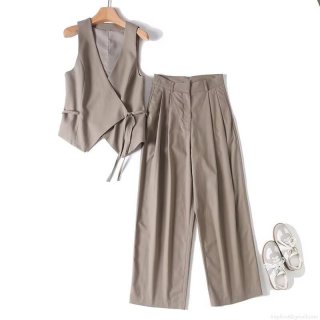 Women's Commuter Set Minimalist Polyester Viscose Linen Blend V-Neck Tie-Side Sleeveless Waistcoat and High Waist Wide Leg Trousers Summer Casual Two-Piece Outfit