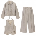 Women's 3-Piece Summer Fashion Set Casual Cotton Linen Blend Lapel Jacket V-Neck Wrap Vest High Waist Wide Leg Trousers Minimalist Oatmeal Beige Outfit For Office Daily Travel Women