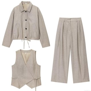 Women's 3-Piece Summer Fashion Set Casual Cotton Linen Blend Lapel Jacket V-Neck Wrap Vest High Waist Wide Leg Trousers Minimalist Oatmeal Beige Outfit For Office Daily Travel Women