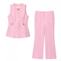 Women's Pink Two Piece Set Sleeveless Peplum Vest Top With Gold Buttons And High Waisted Flare Leg Pants Elegant Commute Summer Slim Suit For Lady