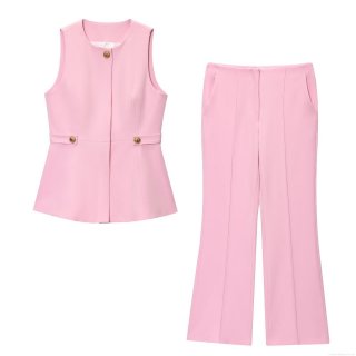 Women's Pink Two Piece Set Sleeveless Peplum Vest Top With Gold Buttons And High Waisted Flare Leg Pants Elegant Commute Summer Slim Suit For Lady
