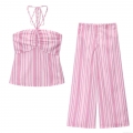 Women 2 Piece Summer Outfits Sexy Halter Neck Crop Top And High Waist Wide Leg Pants Set Fashion Pink Purple Vertical Stripe Print Co-ords For Vacation Beach