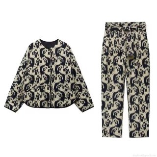 Women's Fashion Quilted Jacket And Printed Pants Two Piece Set Abstract Ink Print Round Neck Lightweight Coat With High Waist Belted Long Trousers Casual Loungewear Co-ords