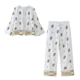 Bohemian Women's Two Piece Set White Polyester Paisley Embroidered Open Jacket Flare Sleeve Top And Wide Leg Pants Set For Casual Travel Party