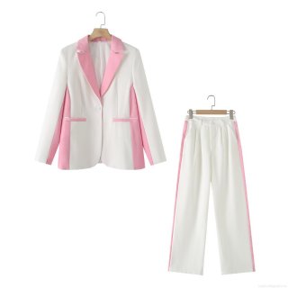 Women's 2-Piece Fashion Suit Set Contrast Color Stitching Blazer and Wide Leg Pants Professional Business Office Commuter Outfits Long Sleeve Single Button Jacket High Waist Trouser Set
