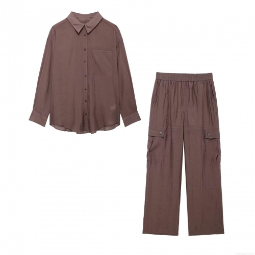 Women's Casual 2-Piece Set 100% Polyester Long Sleeve Button Down Shirt And High Waist Cargo Pants Office Daily Summer Solid Color Loose Outfit