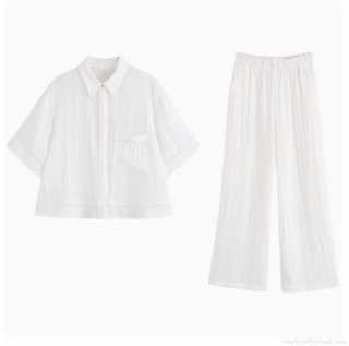 Women's Summer White Two Piece Set Casual Short Sleeve Lapel Button Shirt With Lace Trim And High Waist Wide Leg Pants Breathable Polyester Spandex Co-ord Suit