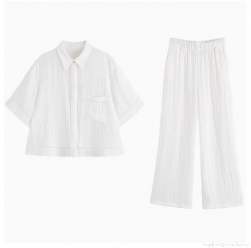 Women's Summer White Two Piece Set Casual Short Sleeve Lapel Button Shirt With Lace Trim And High Waist Wide Leg Pants Breathable Polyester Spandex Co-ord Suit