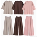 Women's 2025 Summer Casual Loose T-Shirt and Wide Leg Pants Set Solid Color Round Neck Short Sleeve Top High Waist Trousers Lounge Wear Outfits