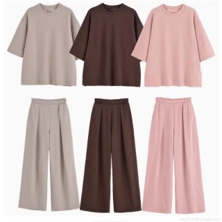 Women's 2025 Summer Casual Loose T-Shirt and Wide Leg Pants Set Solid Color Round Neck Short Sleeve Top High Waist Trousers Lounge Wear Outfits