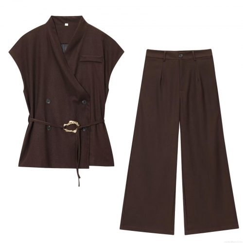 Women's Fashion Commuter Two-Piece Set Dark Brown Sleeveless Double Breasted Vest With Gold Buckle Waist Belt And High Waist Wide Leg Long Pants Elegant Office Outfit