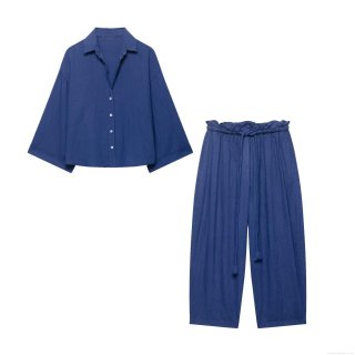 Women Two Piece Set Elegant Long Sleeve Lapel Shirt And Wide Leg Pants Set 100% Polyester Solid Color Minimalist Casual Outfits For Women Daily Workwear