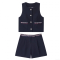 Women Elegant Navy Blue Tweed Style Vest and Shorts Set Summer Sleeveless Round Neck Top with Gold Buttons and Braided Trim High Waist Casual Shorts Co-ords For Women