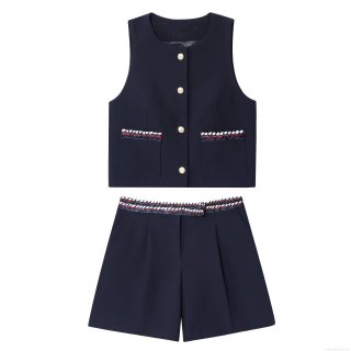 Women Elegant Navy Blue Tweed Style Vest and Shorts Set Summer Sleeveless Round Neck Top with Gold Buttons and Braided Trim High Waist Casual Shorts Co-ords For Women