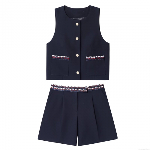 Women Elegant Navy Blue Tweed Style Vest and Shorts Set Summer Sleeveless Round Neck Top with Gold Buttons and Braided Trim High Waist Casual Shorts Co-ords For Women