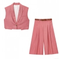 Women's Summer 2 Piece Set Pink Sleeveless Single Button Waistcoat and High Waist Wide Leg Pants with Belt Chic Casual Office Outfit for Women