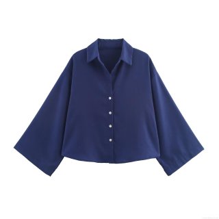 Women's Casual Linen Blend Two Piece Set Navy Blue Lapel Button Down Shirt And Elastic Waist Wide Leg Cropped Pants Loungewear Outfit