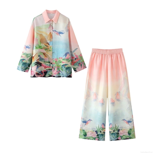 Women's Casual Two Piece Set Landscape Flower Bird Print Long Sleeve Satin Shirt And Elastic Waist Wide Leg Pants Fashion Summer Loungewear For Women