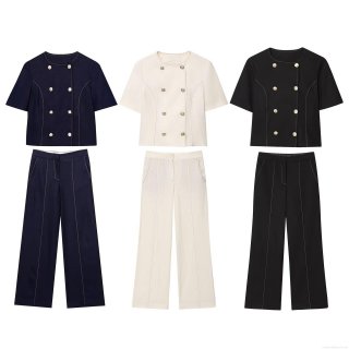Women's Casual 2 Piece Suit Set Short Sleeve Double Breasted Blazer and High Waist Wide Leg Pants Polyester Cotton Blend Office Career Outfit Solid Color With Contrast Stitching