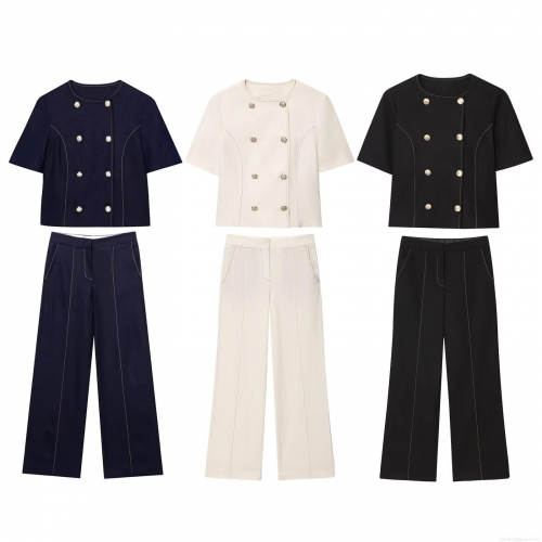 Women's Casual 2 Piece Suit Set Short Sleeve Double Breasted Blazer and High Waist Wide Leg Pants Polyester Cotton Blend Office Career Outfit Solid Color With Contrast Stitching