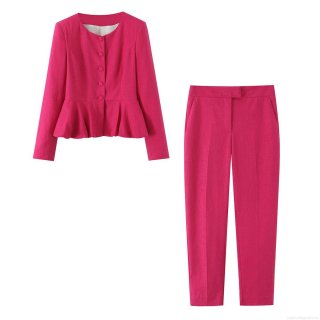 Women Rose Pink Peplum Blazer And Straight Pants Set Elegant Cotton Linen Texture Long Sleeve Round Neck Business Suits For Office Party