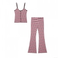 Women's Sexy Knit Striped 2-Piece Set Lace Cami Top and High Waist Flare Pants Bohemian Summer Knitted Outfit Retro Beachwear Set For Women