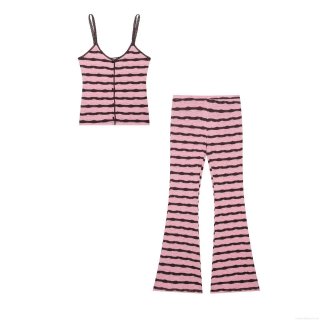 Women's Sexy Knit Striped 2-Piece Set Lace Cami Top and High Waist Flare Pants Bohemian Summer Knitted Outfit Retro Beachwear Set For Women