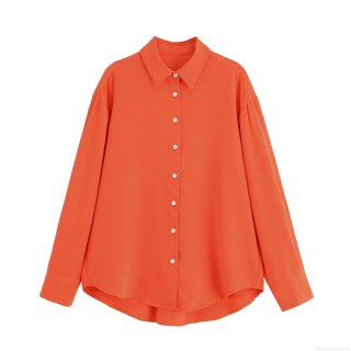 Women's Vibrant Orange Wrinkled Textured Casual Two Piece Set Long Sleeve Button Down Shirt And High Waist Wide Leg Drawstring Pants Summer Outfit
