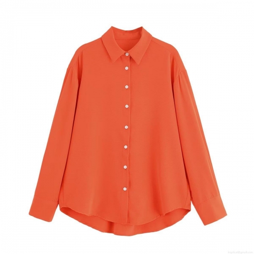 Women's Vibrant Orange Wrinkled Textured Casual Two Piece Set Long Sleeve Button Down Shirt And High Waist Wide Leg Drawstring Pants Summer Outfit