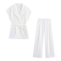 Women's Linen Blend Vest And Trousers Set Double-Breasted Belted Waistcoat With High Waist Wide Leg Pants Two Piece Outfits For Office Commuter Casual White