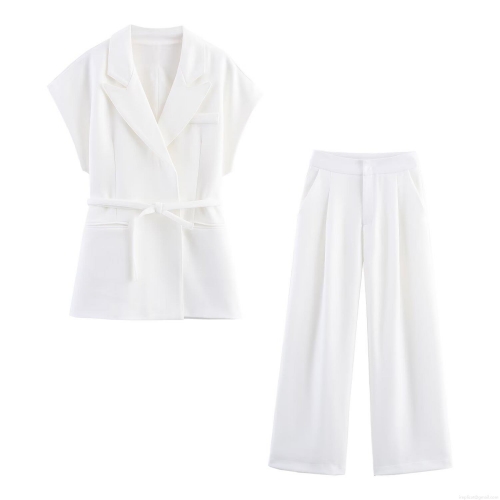 Women's Linen Blend Vest And Trousers Set Double-Breasted Belted Waistcoat With High Waist Wide Leg Pants Two Piece Outfits For Office Commuter Casual White