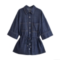 Women's Denim Look Short Sleeve Drawstring Waist Shirt And High Waist Wide Leg Pants Casual Two Piece Set Solid Color Polyester Summer Fashion Suit