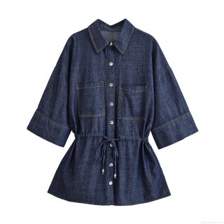 Women's Denim Look Short Sleeve Drawstring Waist Shirt And High Waist Wide Leg Pants Casual Two Piece Set Solid Color Polyester Summer Fashion Suit