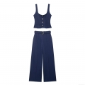 Women's 100% Polyester 2-Piece Set Sleeveless Button Square Neck Vest Top And Belted Wide Leg Pants Business Casual Navy Blue Summer Office Outfit