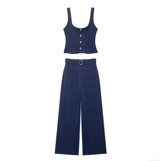 Women's 100% Polyester 2-Piece Set Sleeveless Button Square Neck Vest Top And Belted Wide Leg Pants Business Casual Navy Blue Summer Office Outfit