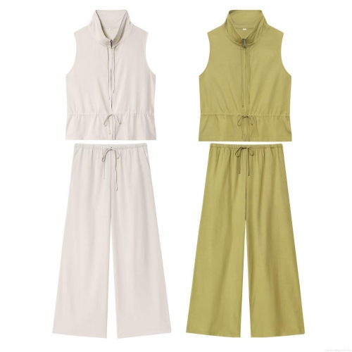Women's 2-Piece Casual Outfits Set Sleeveless Stand Collar Zipper Vest And Drawstring High Waist Wide Leg Pants Solid Color Summer Fashion Streetwear For Ladies