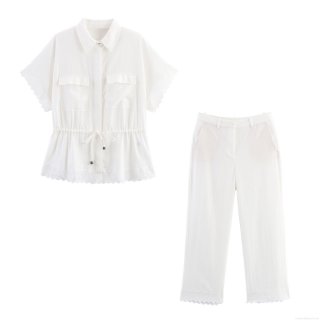 Women's Casual White Cotton Polyester Blend Set Short Sleeve Lace Trim Shirt and Straight Leg Pants Two Piece Outfit Summer Comfort Loungewear