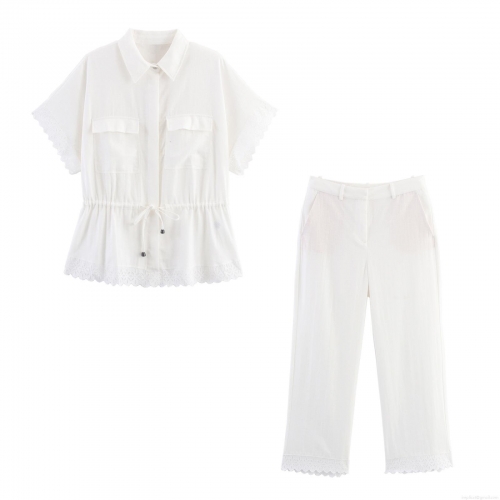 Women's Casual White Cotton Polyester Blend Set Short Sleeve Lace Trim Shirt and Straight Leg Pants Two Piece Outfit Summer Comfort Loungewear
