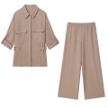 Women Fashion Ice Cotton Utility Two Piece Set Solid Color Shirt And Wide Leg Pants Casual Workwear Outfit With Metal Buckles