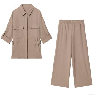 Women Fashion Ice Cotton Utility Two Piece Set Solid Color Shirt And Wide Leg Pants Casual Workwear Outfit With Metal Buckles