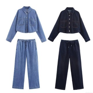 Women Fashion Casual Denim Two-Piece Set Short Long Sleeve Button Down Blouse Shirt Crop Top And High Waist Drawstring Wide Leg Jogger Pants Separates