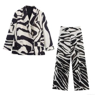 Women's Chic Zebra Print Blazer And High Waisted Wide Leg Pants Two Piece Set Casual Office Commuter Outfit Suit Polyester Spandex Animal Print Long Sleeve Lapel Jacket Trouser Set