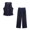 Women's Chic Dark Blue Cotton Blend Denim Two Piece Set Slim Fit Sleeveless Vest Top And High Waist Wide Leg Pants Casual Urban Outfits