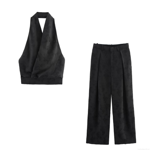 Women Sexy Jacquard Two Piece Set Halter Backless Crop Top And High Waist Wide Leg Pants Polyester Spandex Floral Pattern Elegant Party Outfits