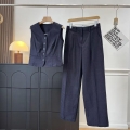 Women Fashion V-Neck Sleeveless Polyester Vest And High Waist Wide Leg Pants Two Piece Set Solid Color Office Commuter Waistcoat Trousers Suit